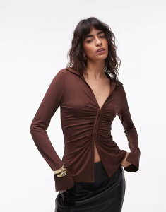 �G�C�\�X ���f�B�[�X �g�b�v�X T�V���c �M���U�[ ASOS DESIGN slinky ruched hook and eye longline top in chocolate �`���R���[�g