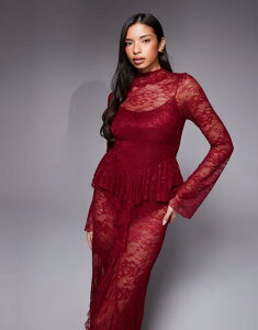 �G�C�\�X ���f�B�[�X �g�b�v�X �����s�[�X �n�C�l�b�N �V�A�[ ���[�X �}�L�V ASOS DESIGN high neck sheer lace maxi dress with peplum detailing and body suit lining in raspberry