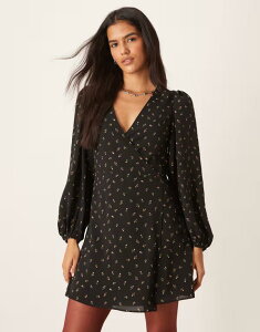 �O���}���X ���f�B�[�X �g�b�v�X �����s�[�X V�l�b�N �t�����[�� �~�j �t�����[ Glamorous 70s puff sleeve V-neck mini dress in multi floral BLACK REDITSY �u���b�N