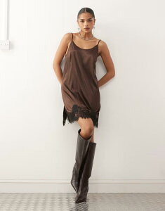 �m�C�W�[���C ���f�B�[�X �g�b�v�X �����s�[�X �~�j �T�e�� ���[�X Noisy May satin mini dress with lace hem in chocolate Brown �u���E��