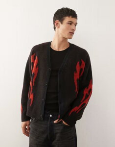�E�B�[�N�f�C �����Y �A�E�^�[ �J�[�f�B�K�� �E�[�� �O���t�B�b�N Weekday wool blend oversized cardigan with flame graphics Black �u���b�N