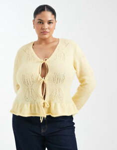 �I�����[�J�[�u ���f�B�[�X �A�E�^�[ �J�[�f�B�K�� �j�b�g ONLY Curve tie front knit cardigan in pale yellow SUNLIGHT YELLOW �C�G���[