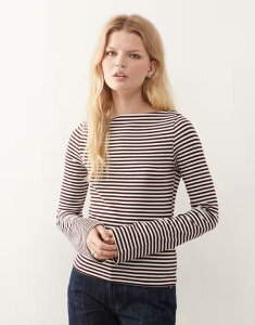 �E�B�[�N�f�C ���f�B�[�X �g�b�v�X T�V���c Weekday Annie soft boat neck long sleeve top stripe - Exclusive to ASOS Burgundy �o�[�K���f�B