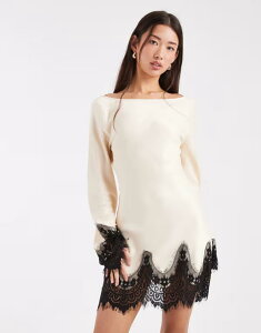 �G�C�\�X ���f�B�[�X �g�b�v�X �����s�[�X ���[�X�g���� �~�j �T�e�� ���[�X ASOS DESIGN angel sleeve lace trim satin mini dress in ecru �G�N����