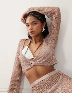 �~�X�Z���t�t���b�W ���f�B�[�X �g�b�v�X �V���c �X�p���R�[�� Misselfridge beach sequin crochetwist detailong sleeve top in dusty pink �s���N