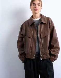 �g�b�v�V���b�v ���f�B�[�X �A�E�^�[ �W���P�b�g�E�u���]�� ���U�[ �t�F�C�N���U�[ Topshop faux leather bubble boxy zip upocket bomber jacket in washed brown �u���E��