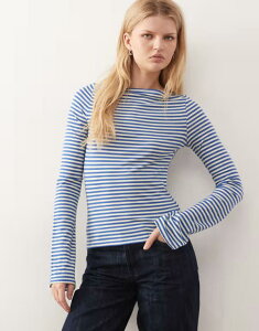�E�B�[�N�f�C ���f�B�[�X �g�b�v�X T�V���c Weekday Annie soft boat neck long sleeve top and buttermilk yellow stripexclusive to ASOS Blue & Buttermilk �u���[