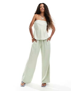 �G�C�\�X ���f�B�[�X �{�g���X �J�W���A���p���c ���C�h���b�O �T�e�� ASOS DESIGN satin wide leg pull on pants in sage - part of a set Sage Green �O���[��
