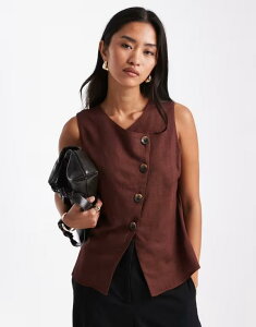 �G�C�\�X ���f�B�[�X �g�b�v�X �V���c �A�V�����g���[ �x�X�g ���l�� ASOS DESIGN linen look asymmetric button front vest in chocolate �`���R���[�g