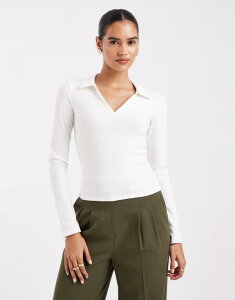�~�X�Z���t�t���b�W ���f�B�[�X �g�b�v�X �|���V���c ���u Misselfridge ribbed long sleeve polo top in cream �N���[��