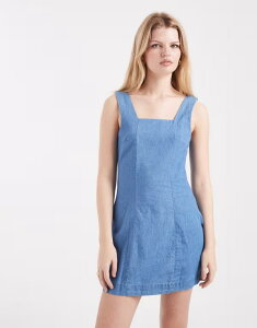 �R�b�g���I�� ���f�B�[�X �g�b�v�X �����s�[�X �~�j Cotton square neck mini dress in chambray