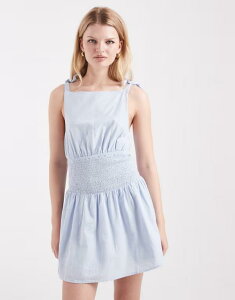 �R�b�g���I�� ���f�B�[�X �g�b�v�X �����s�[�X �~�j Cotton lola tie shoulder mini dress in dusk Blue �u���[