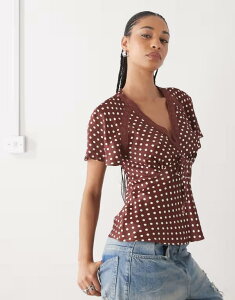 ���N���C�� ���B���e�[�W ���f�B�[�X �g�b�v�X �V���c �h�b�g�� �h�b�g �T�e�� ���[�X Reclaimed Vintage satin tea top with flutter sleeves and lace polka dot brown �u���E��