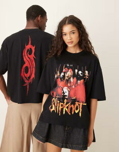 �G�C�\�X ���f�B�[�X �g�b�v�X T�V���c �v�����g ASOS DESIGN Unisex boxy oversized licensed t-shirt with Slipknot prints Black �u���b�N