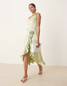 �G�C�~�[�E���[ ���f�B�[�X �g�b�v�X �����s�[�X �t���� �T�e�� Amy Lynn one shoulderuffle satin midaxi dress with 3d rose in apple green �O���[��