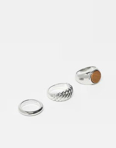 ���N���C�� ���B���e�[�W ���f�B�[�X �A�N�Z�T���[ �����O Reclaimed Vintage Unisex 3 ring pack with semi precious tiger eye stone Silver �V���o�[