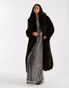 �t�H�[�X&���b�N���X ���f�B�[�X �A�E�^�[ �R�[�g �}�L�V 4th & Reckless oversized tie waist faux fur maxi coat in chocolate �`���R���[�g