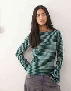 �E�B�[�N�f�C ���f�B�[�X �g�b�v�X T�V���c Weekday Annie soft boat neck long sleeve top in dark green and gray stripexclusive to ASOS Dark Green & Gray �O���[