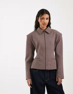 �G�C�\�X ���f�B�[�X �A�E�^�[ �W���P�b�g�E�u���]�� ASOS DESIGN zip up cinch tailored jacket in micro plaid Blue/Orange Check �u���[