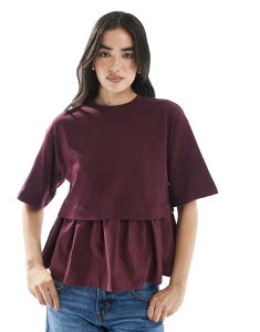 �~�X�Z���t�t���b�W ���f�B�[�X �g�b�v�X �V���c �t������ �t���� Misselfridge poplin mix ruffle hem t-shirt in dark plum �v����