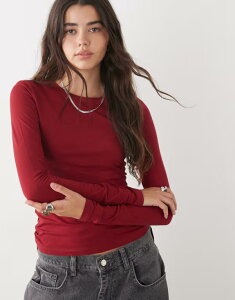 �E�B�[�N�f�C ���f�B�[�X �g�b�v�X T�V���c �X�����t�B�b�g Weekday slim fit long sleeve t-shirt in wine Burgundy �o�[�K���f�B