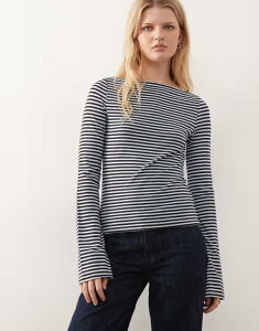 �E�B�[�N�f�C ���f�B�[�X �g�b�v�X T�V���c Weekday Annie soft boat neck long sleeve top in chocolate brown and light blue stripexclusive to ASOS Brown & blue �u���[