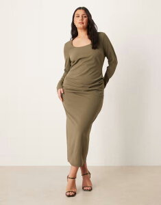 �G�C�\�X ���f�B�[�X �g�b�v�X �����s�[�X �~�f�B ASOS Curve ASOS DESIGN Curve long sleeve scoop neck midi dress Khaki �J�[�L