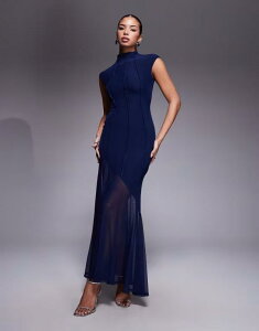 �G�C�\�X ���f�B�[�X �g�b�v�X �����s�[�X �n�C�l�b�N ���b�V�� �}�L�V ASOS DESIGN meshigh neck maxi dress with exposed contoured seam detailing navy �l�C�r�[