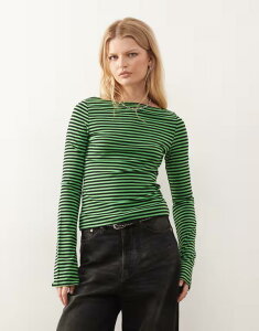 �E�B�[�N�f�C ���f�B�[�X �g�b�v�X T�V���c Weekday Annie soft boat neck long sleeve top and green stripe - Exclusive to ASOS Black & green �u���b�N
