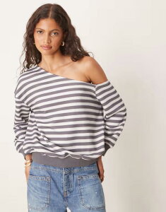 �G�C�\�X ���f�B�[�X �g�b�v�X �V���c �Z�[�^�[ ASOS DESIGN stripe slouchy off shoulder loopback sweater NAVY �l�C�r�[