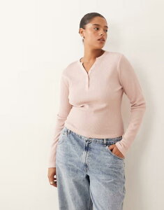 �G�C�\�X ���f�B�[�X �g�b�v�X T�V���c �j�b�g ASOS Curve ASOS DESIGN Curve shrunken waffle knit long sleeve henley tee PINK �s���N
