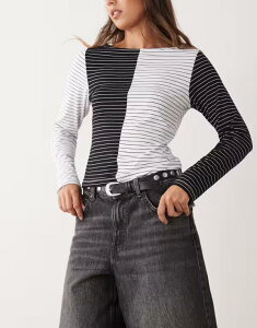 ���N���C�� ���B���e�[�W ���f�B�[�X �g�b�v�X T�V���c Reclaimed Vintage slash neck long sleeve top in mixed mono stripe Black �u���b�N