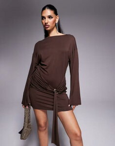 �G�C�\�X ���f�B�[�X �g�b�v�X �����s�[�X �~�j ASOS DESIGN slinky cinched tie waist belt detail bodycon mini dress BROWN �u���E��