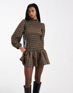 �G�C�\�X ���f�B�[�X �g�b�v�X �����s�[�X �~�j ASOS DESIGN shirredrop waist mini dress plaid Brown Check �u���E��