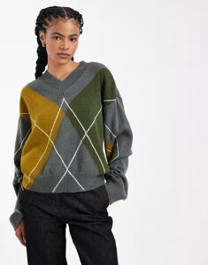 �G�C�\�X ���f�B�[�X �A�E�^�[ �j�b�g�E�Z�[�^�[ V�l�b�N ASOS DESIGN knit argyle V-neck sweater Multi �}���`�J���[