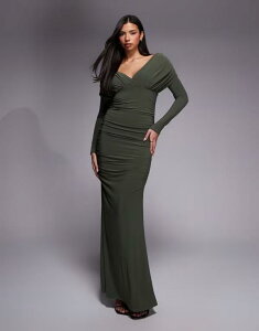 �G�C�\�X ���f�B�[�X �g�b�v�X �����s�[�X �h���[�v �}�L�V ASOS DESIGN shoulder grazer draped sleeves maxi dress Khaki �J�[�L