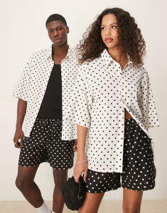 �V�X�^�[�W���� ���f�B�[�X �g�b�v�X �V���c �h�b�g�� �h�b�g Sister Jane Unisex polka dot boxy shirt in cream - part of a set Cream �N���[��