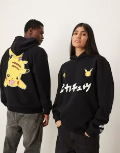 �G�C�\�X ���f�B�[�X �A�E�^�[ �p�[�J�[�E�X�E�F�b�g �v�����g ASOS DESIGN unisex relaxed hoodie with Pok mon Pikachu print Black �u���b�N