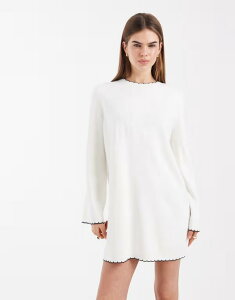 �~�X�Z���t�t���b�W ���f�B�[�X �g�b�v�X �����s�[�X Misselfridge blanket stitch dress in cream with black tipping CREAM �N���[��
