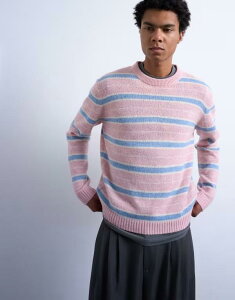 �g�b�v�}�� �����Y �A�E�^�[ �j�b�g�E�Z�[�^�[ �����b�N�X�t�B�b�g Topman relaxed fit open knit fluffy striped sweater PINK �s���N