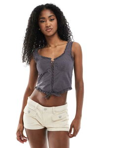 �����L ���f�B�[�X �g�b�v�X �V���c ���[�X Monki frill edge corsetop with lace up detail in off black �u���b�N