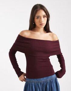 �~�X�Z���t�t���b�W ���f�B�[�X �g�b�v�X �V���c ���u�j�b�g Misselfridge mixed rib knit off the shoulder top in plum �v����
