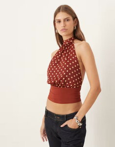 ���[�e�� ���f�B�[�X �g�b�v�X �V���c �h�b�g�� �h�b�g Motel Rania tie neck polka dotop in burnt RED ���b�h