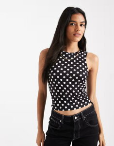 �I�����[ ���f�B�[�X �g�b�v�X �x�X�g �h�b�g �m�[�X���[�u ONLY sleeveless top with white polka dots Black �u���b�N