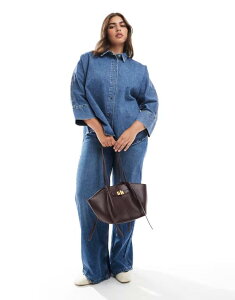 �I�����[�J�[�u ���f�B�[�X �g�b�v�X �V���c �f�j�� ONLY Curve 3/4 sleeve denim shirt in mid Medium blue �u���[