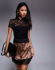 �G�C�\�X ���f�B�[�X �g�b�v�X �V���c ���[�X ASOS DESIGN fitted short sleeve lace top with rouleau loop button detail Black �u���b�N
