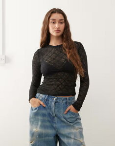�m�C�W�[���C ���f�B�[�X �g�b�v�X T�V���c ���[�X Noisy May long sleeve lace top Black �u���b�N