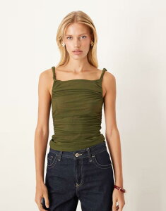 �G�C�\�X ���f�B�[�X �g�b�v�X �V���c �M���U�[ ���b�V�� �V�A�[ ASOS DESIGN twist sheer mesh ruched side top in olive �I���[�u