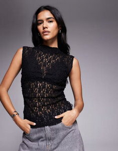 �G�C�\�X ���f�B�[�X �g�b�v�X �V���c �n�C�l�b�N �M���U�[ ���[�X ASOS DESIGN ruched side high neck lace top - part of a set Black �u���b�N