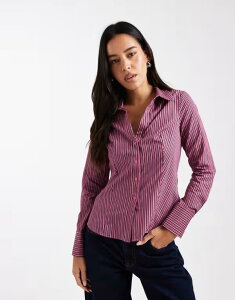 �~�X�Z���t�t���b�W ���f�B�[�X �g�b�v�X �V���c Misselfridge poplin fitted shirt in fig and pink stripes Pink Stripe �s���N